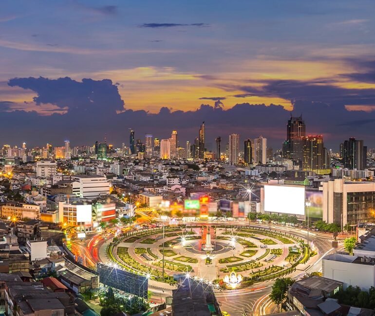 Panorama of Bangkok cityscape at Wongwian Ya roundabout at twili Panorama of Bangkok cityscape at Wongwian Ya roundabout at twilight time, Bangkok, Thailand